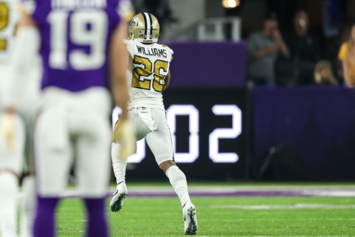 New Orleans cornerback P.J. Williams (26) intercepts a pass for a touchdown during the third quarter against Minnesota. Mandatory Credit: Brace Hemmelgarn-USA TODAY
